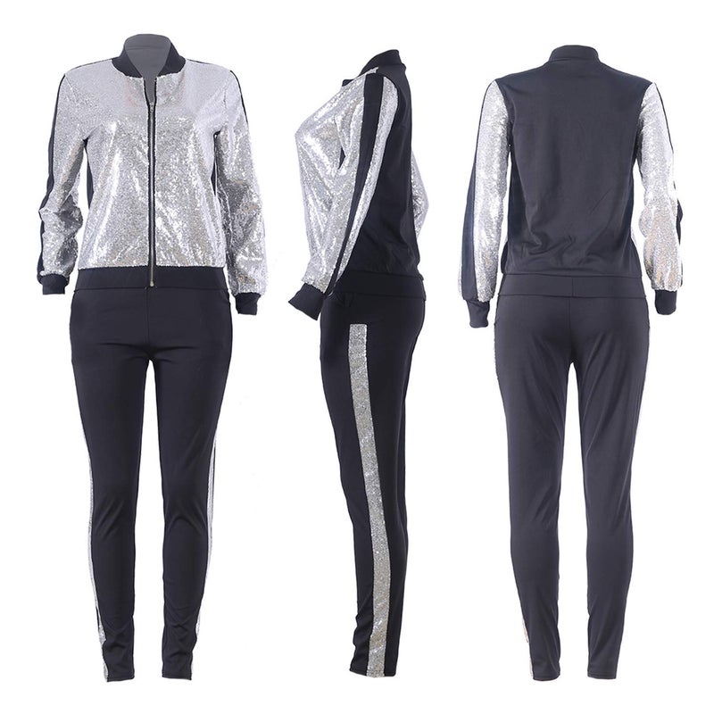 SIAEAMRG Women 2 Piece Glitter Sequin Outfits Tracksuit, Long Sleeve Jacket Tops Bodycon Long Pants Sparkle Sweatsuit Club Wear (XXL, Silver) - Image 5